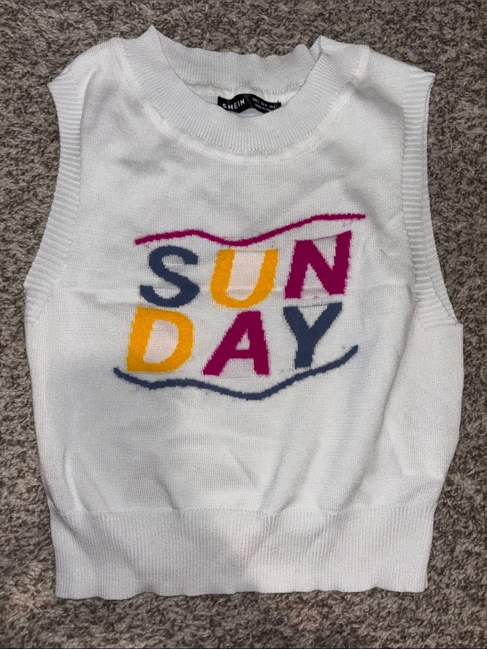 SHEIN White Knit Tank Top with Colorful SUNDAY Graphic